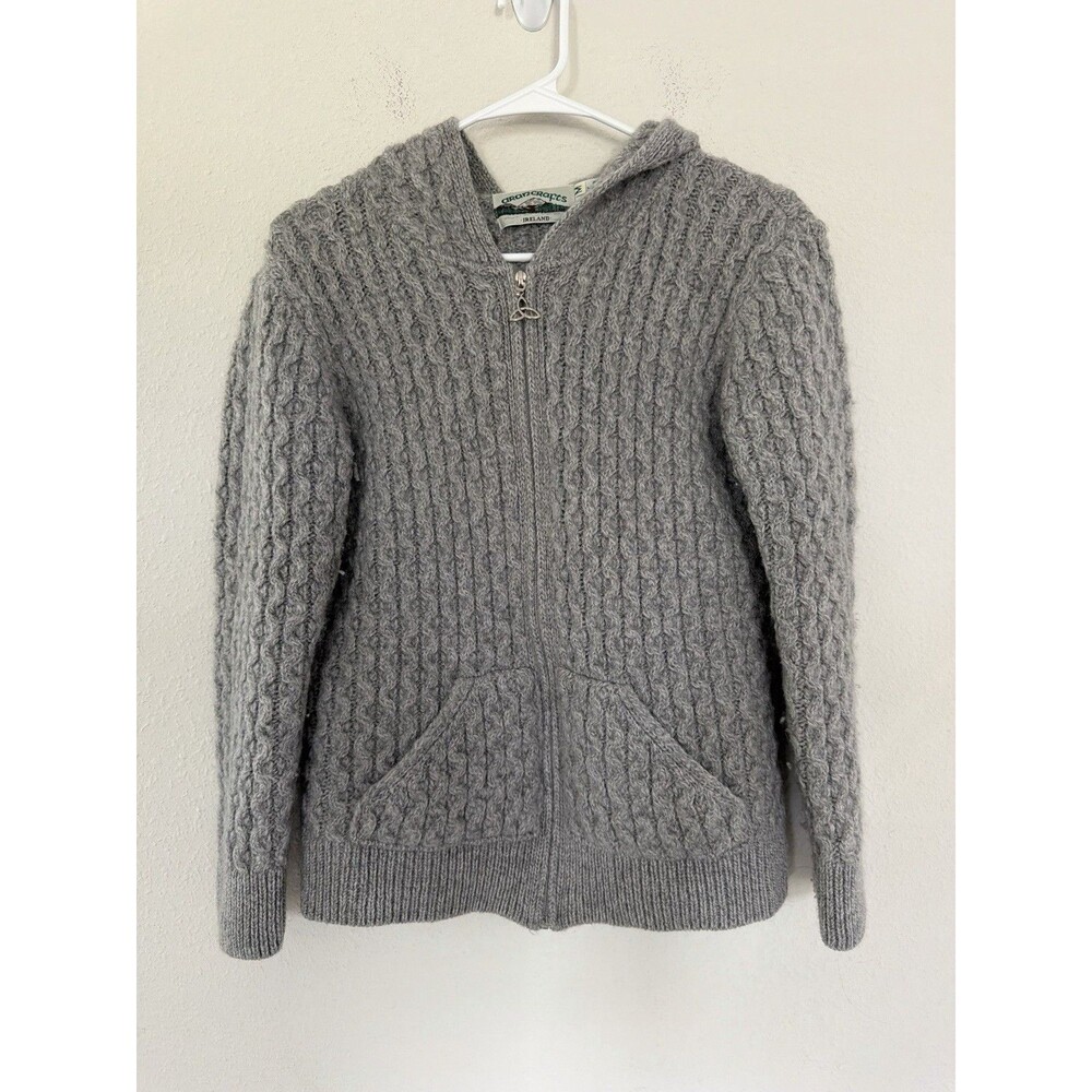 Vintage Aran Crafts 100% Merino Wool Cable Knit Zip Hoodie Fisherman Sweater M